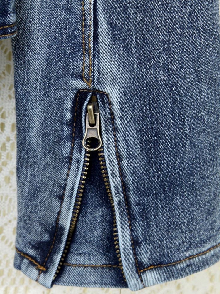 Veste En Jean Usée À Revers Mince Pour Femme