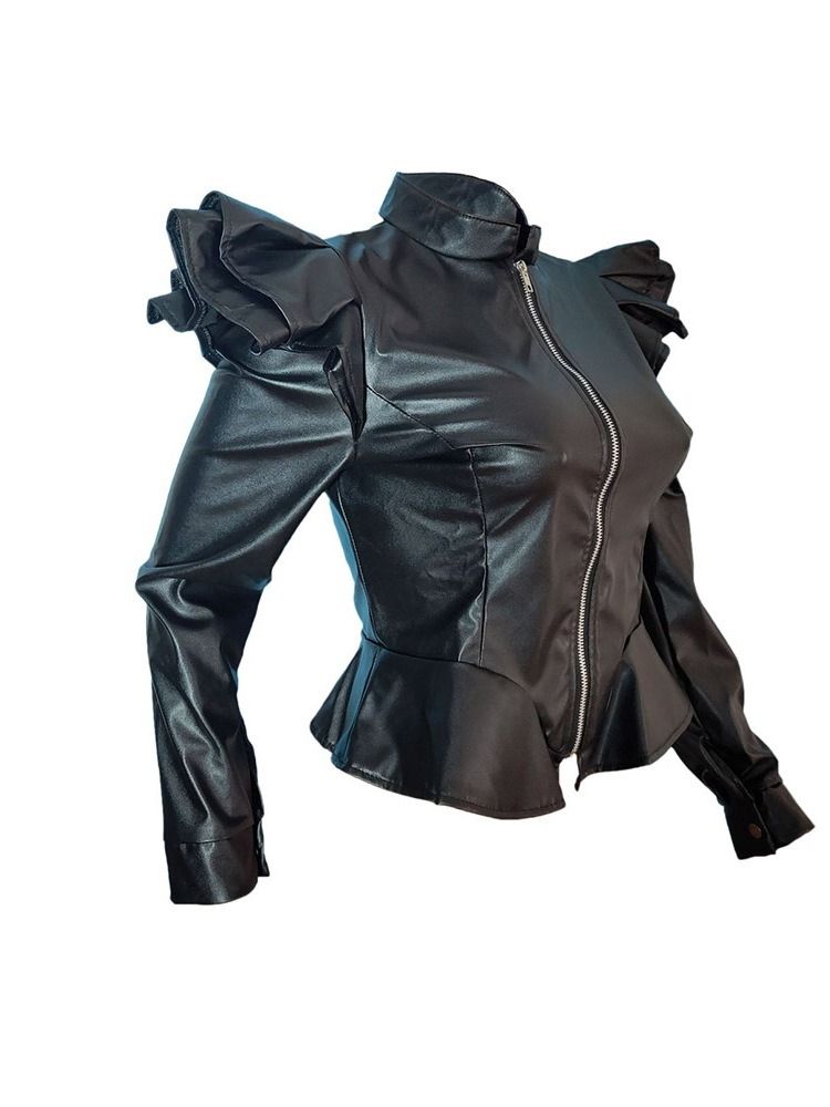 Veste Pu Zipper Slim Standard Automne Pour Femme