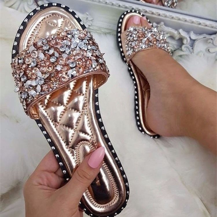 Pantoufles À Enfiler En Pu Avec Strass Pour Femmes