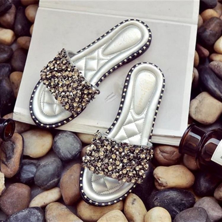 Pantoufles À Enfiler En Pu Avec Strass Pour Femmes