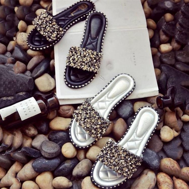 Pantoufles À Enfiler En Pu Avec Strass Pour Femmes