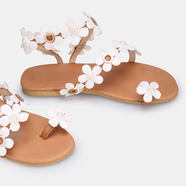 Sandales Plates À Enfiler Avec Anneau D'orteil Floral Pour Femmes
