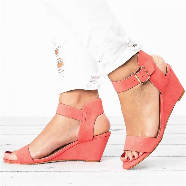 Sandales Unies À Bout Rond Et Boucle À Talon Compensé Pour Femmes
